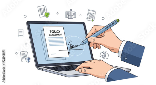 Electronic signature on laptop policy agreement concept illustration