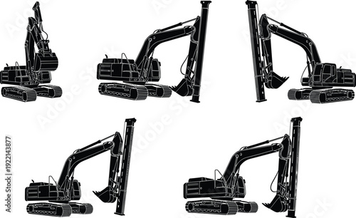 Heavy Construction Machinery Silhouette Set Featuring Piling Rig and Excavator Drill Equipment for Deep Foundation Civil Engineering Works Building Site Infrastructure Project Industrial Design 