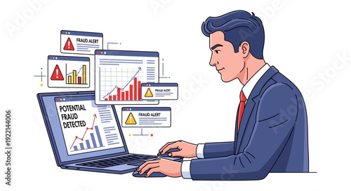 Man analyzing data on laptop showing fraud alerts and financial graphs