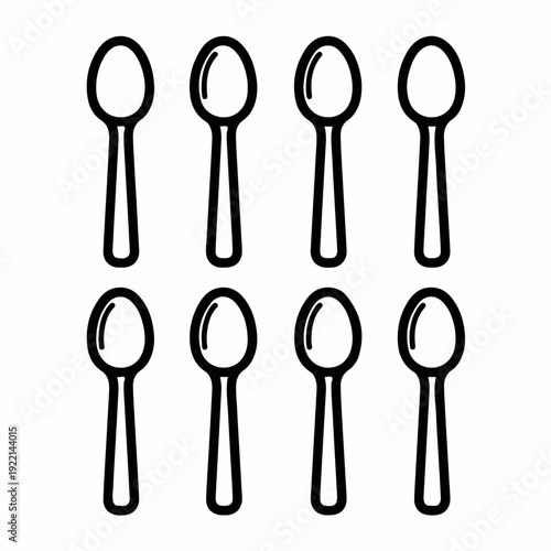 Eight simple black outline spoon icons arranged in two rows on a clean white background, representing kitchenware and dining.