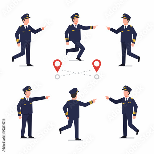 Flat vector illustration of a male pilot in uniform, walking and pointing directions, depicting aviation, travel, and navigation concepts with location pins.