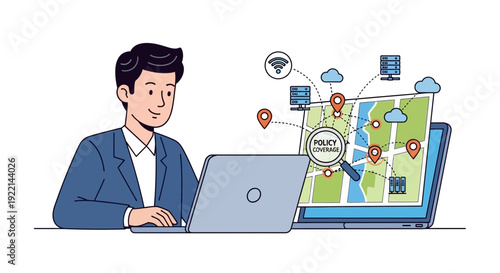 Man analyzing digital map on laptop with network icons and location markers