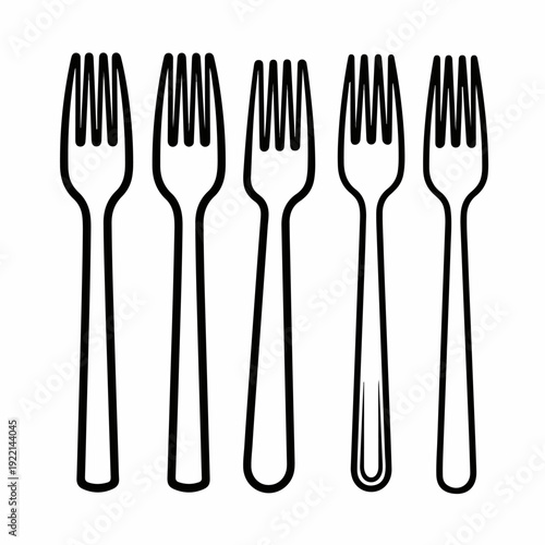 Minimalist black outline drawing of five forks in a row, isolated on a clean white background, representing cutlery and dining.