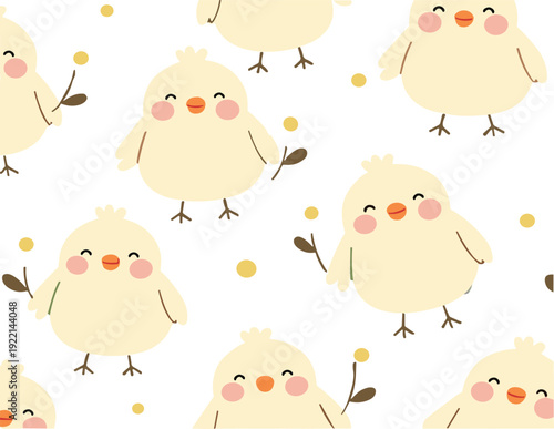 Seamless cute cartoon chick pattern with adorable baby birds kawaii animal vector background illustration