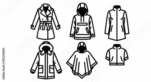 Vector illustration of diverse outerwear: trench coat, anorak, rain jacket, parka, poncho, and short jacket icons in outline style on white background.