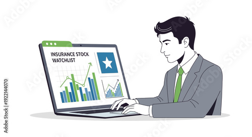 Man analyzing insurance stocks on laptop illustrative financial data