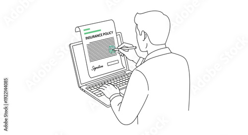 Man digitally signs insurance policy document on a laptop vector illustration