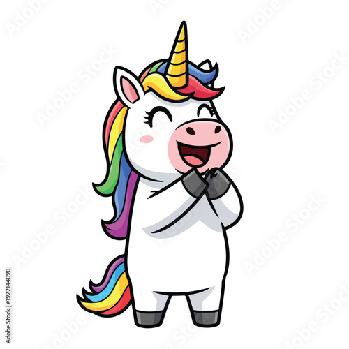 Cartoon unicorn with colorful mane smiling and winking cheerfully