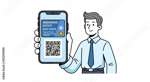 Man holding smartphone displaying insurance e card with qr code illustration