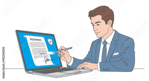 Man signing insurance contract online on laptop digital vector illustration