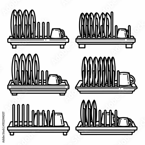 Collection of simple outline icons showing various dish drying racks with plates and mugs, representing kitchen organization and dishware.