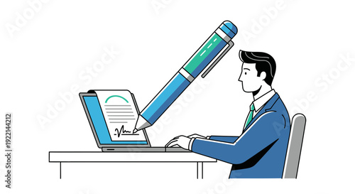 Man signing document on laptop computer using a large pen illustration