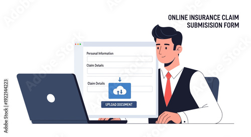 Man submitting insurance claim online on computer with form interface