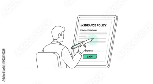 Man signing insurance policy on tablet computer vector illustration