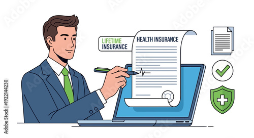 Man signing insurance document on laptop screen illustrating health coverage