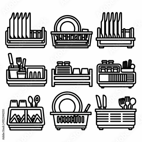 Set of household dishware drying racks and utensil organizers line icons for kitchen organization and cleaning.