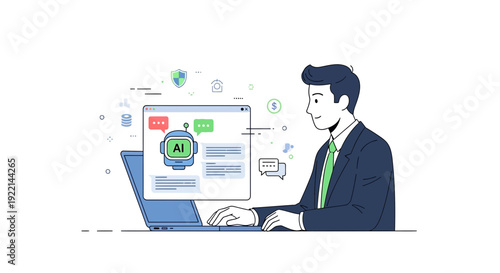 Man using laptop computer interacting with artificial intelligence interface