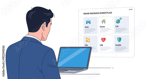 Man using laptop computer to access online insurance marketplace