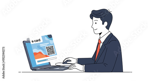 Man using laptop computer to view and interact with electronic card