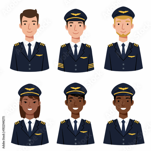Diverse group of smiling male and female airline pilots in uniform, cartoon avatars representing aviation professionals and flight crew.