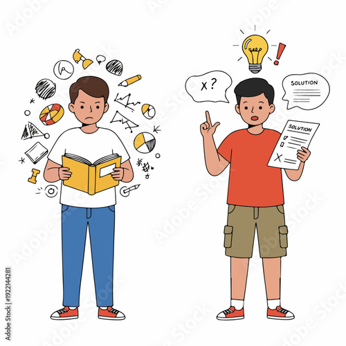 Young men illustrate the journey from confusion and challenging academic problems to finding solutions and gaining clarity, symbolizing successful learning and problem-solving.