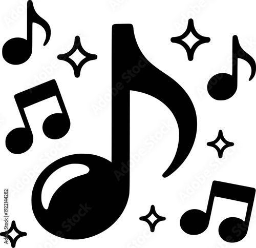 Black Musical Notes and Sparkles on White Background
