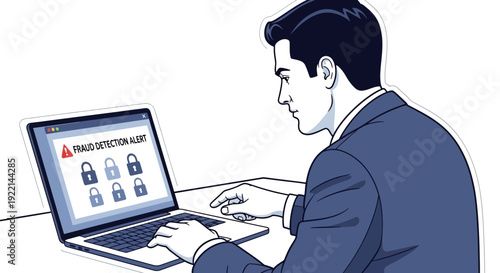 Man using laptop computer with fraud detection alert on screen