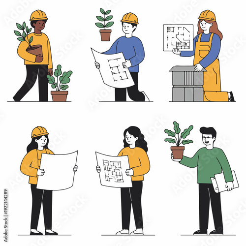 Architects and builders collaborate on sustainable projects, utilizing blueprints and plants to illustrate green construction, urban development, and modern design principles.