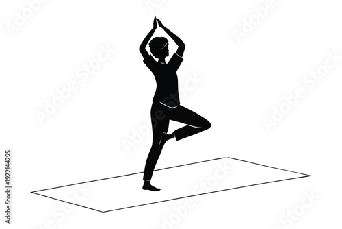 Silhouette of person in tree pose on yoga mat black and white