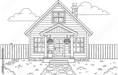 Hand Drawn Suburban House Illustration Featuring Cozy Wooden Home With Front Porch Garden Fence And Stone Pathway For Real Estate Residential Architecture Coloring Page Vector