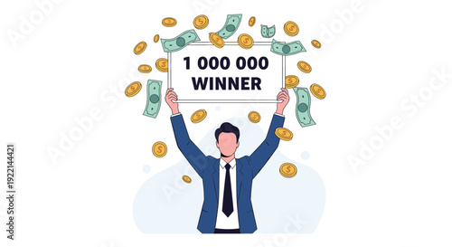Businessman celebrating winning a million dollars prize with cash falling and holding a sign for victory and success.