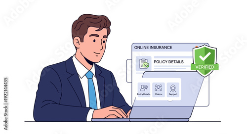 Man working on computer with online insurance details and verification