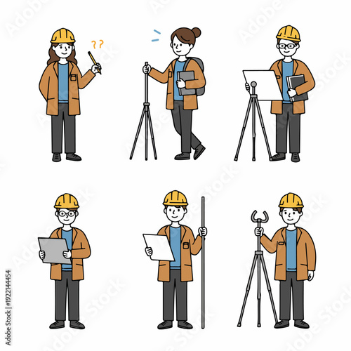 Collection of cartoon illustrations depicting diverse male and female engineers or surveyors in various poses, working with tools and plans on white background.