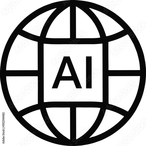 Artificial Intelligence Global Icon, AI Technology Symbol on Globe Outline Vector Illustration for Digital Network and Innovation Concept