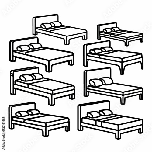Simple line art illustration of various beds, featuring pillows and blankets, suitable for minimalist bedroom and sleep-related design concepts.