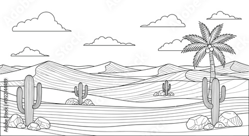 Line art desert landscape with sand dunes cacti and a palm tree for travel coloring book or western environments.