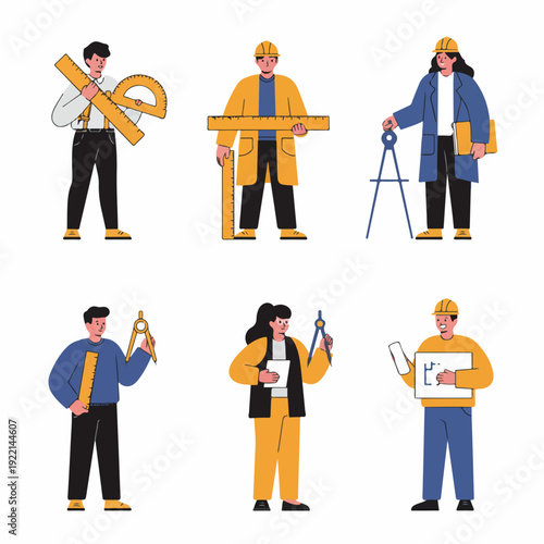 Set of Diverse Professionals: Architects, Engineers, and Designers with Drafting Tools and Plans in Flat Style Illustration.