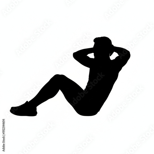 Silhouette of a man doing sit ups exercise on white background