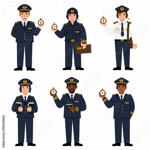 Diverse professional pilots and flight crew in uniform, holding navigation tools and professional items, isolated vector illustration set.