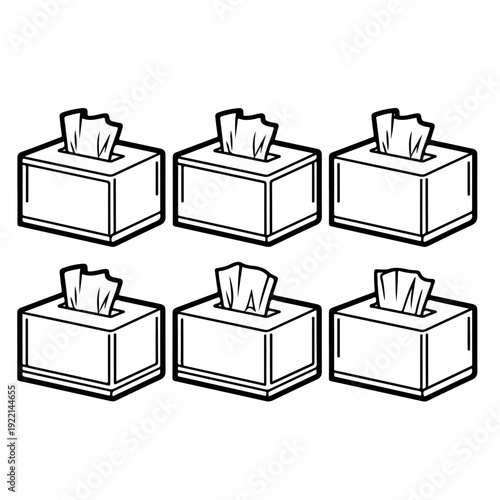 Six outline drawing tissue boxes with tissues sticking out, arranged in a grid on a white background, useful for health and hygiene topics.