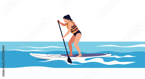 Woman standing on a paddleboard on the ocean waves wearing a life vest for water sports and summer vacation activity.
