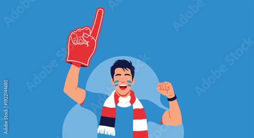 Enthusiastic sports fan with face paint holding a foam finger and wearing a scarf for match day celebration support.