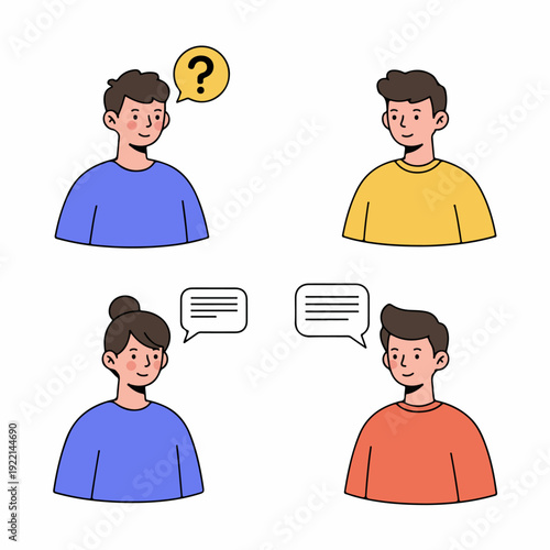 Diverse group of cartoon people engaging in communication and discussion, featuring questions and conversational exchanges, representing interaction and problem-solving.