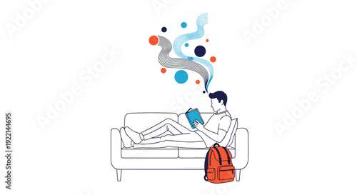 Young man lying on a sofa reading a book with abstract creative thoughts floating above for education and imagination.