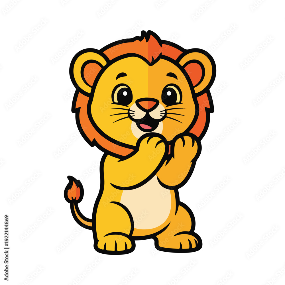 Naklejka premium Smiling cartoon lion standing on hind legs with paws together