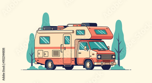 Recreational vehicle camper van parked in a nature setting with trees for family road trip and outdoor adventure.