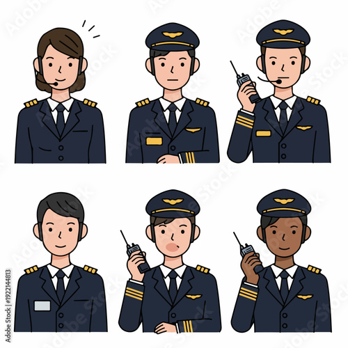Cartoon illustration of diverse aviation crew and pilots in uniform, including a female with headset and male pilots with walkie-talkies, on a white background.