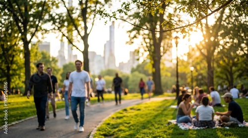 People are leisurely strolling along a winding path and relaxing on the grass in a sunny city park during golden hour, with a blurred cityscape visible in the distance.