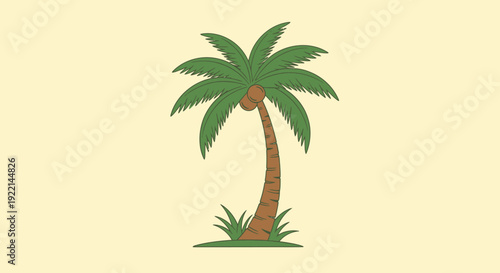 A simple, stylized illustration of a palm tree with green fronds and a brown trunk, set against a pale yellow background with a hint of green grass at its base.