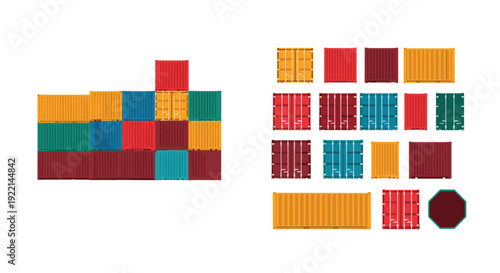 Stacks of multicolored cargo shipping containers for international trade logistics and industrial port terminals.